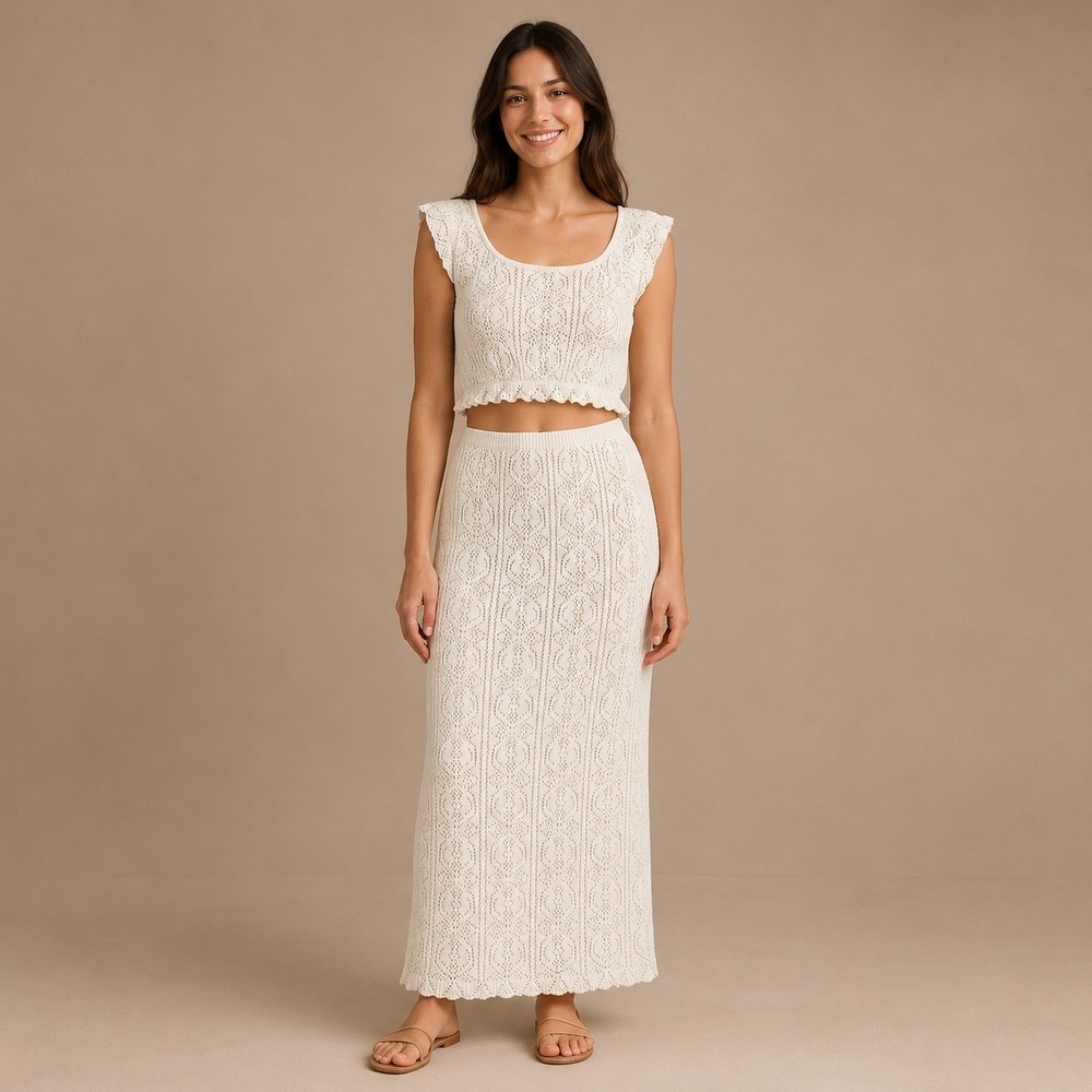Freshman 1996 Juniors M Cream Crochet Crop Top Maxi Skirt Set Boho Cottagecore